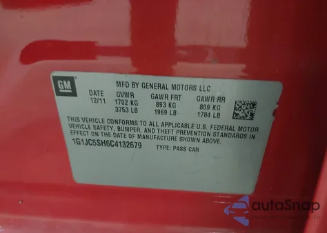 2012 Chevrolet Sonic 2Lt z USA, uszkodzony, nr VIN 1G1JC5SH6C4132679